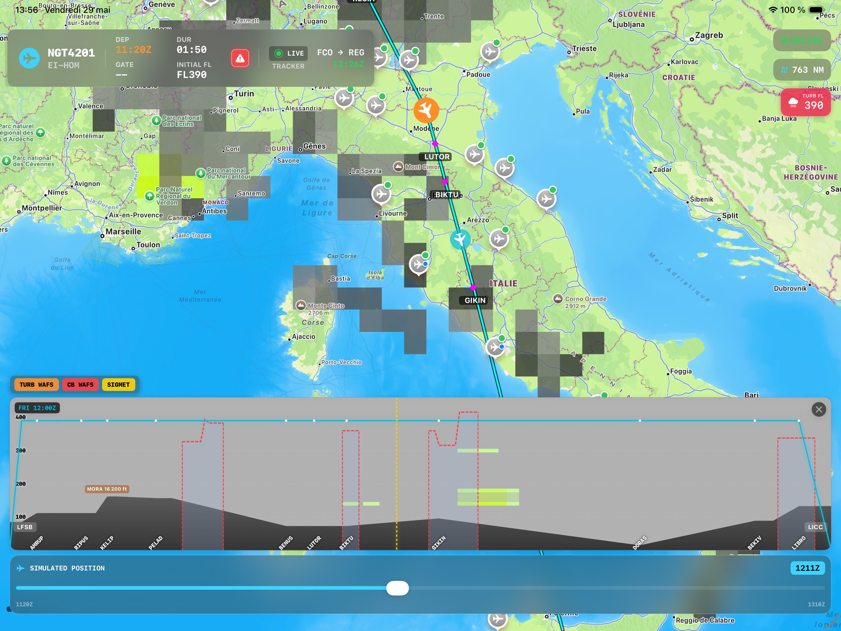NaviGate Flight Timeline Scrubber — vertical profile with WAFS turbulence and CB tops