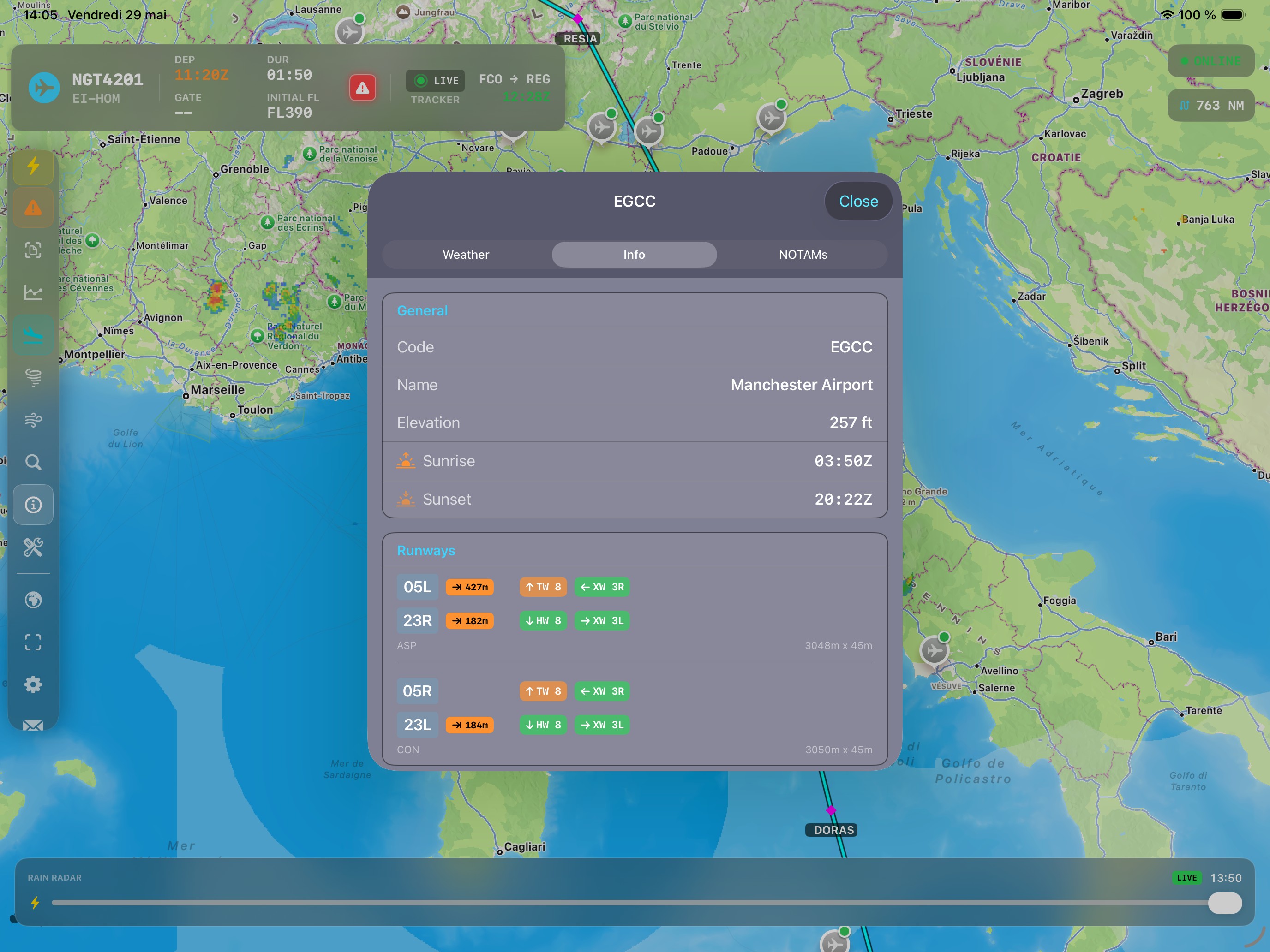 NaviGate — rain radar, lightning and SIGMETs overlaid on route