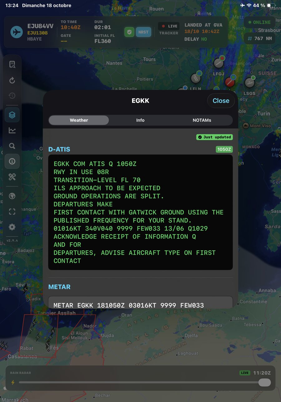 Airport sheet with live D-ATIS