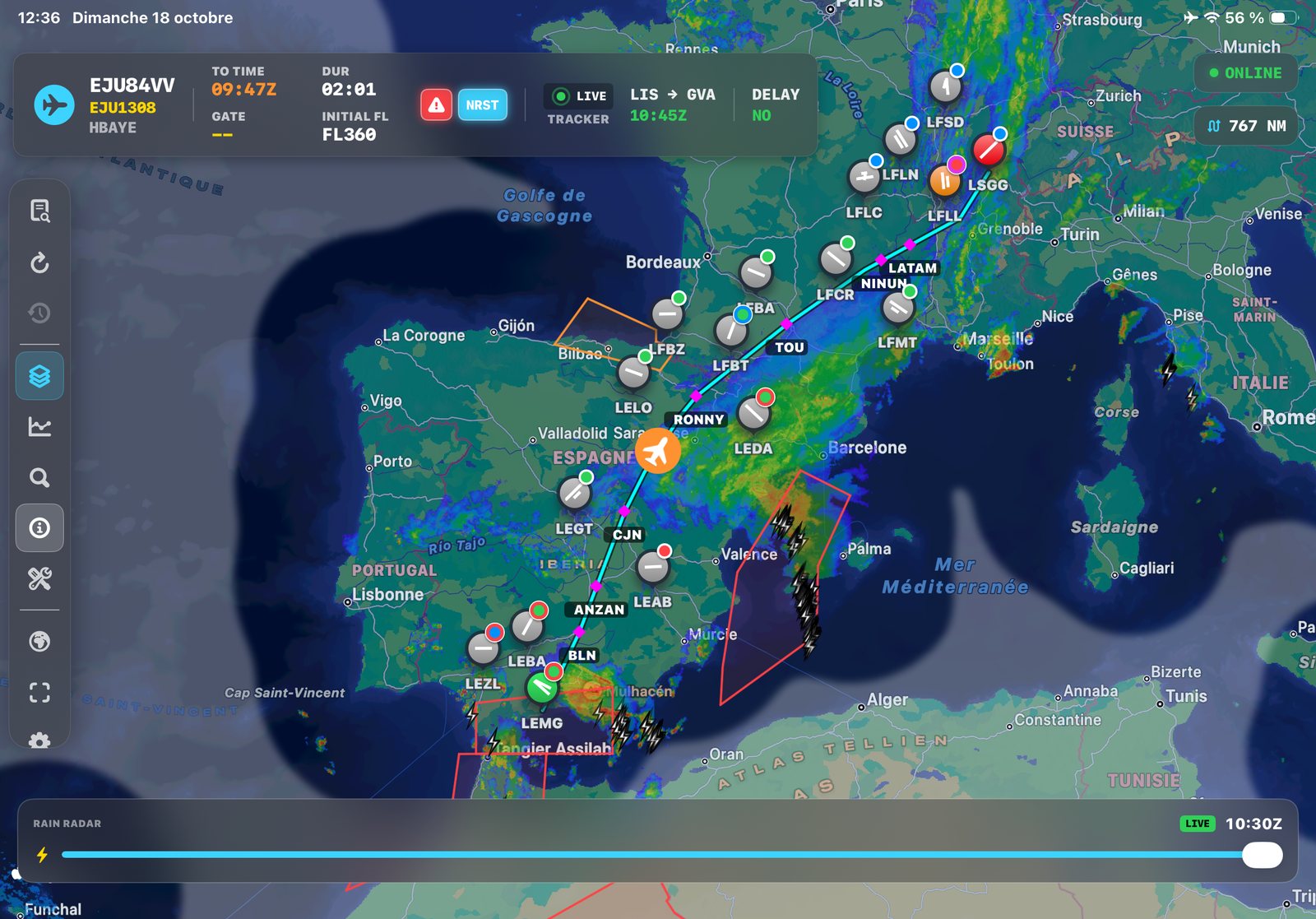 NaviGate on iPad — route, radar and airport weather in flight