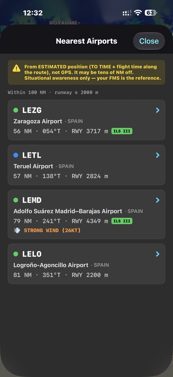 Nearest airports in flight